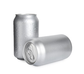 Aluminium cans of beverage on white background