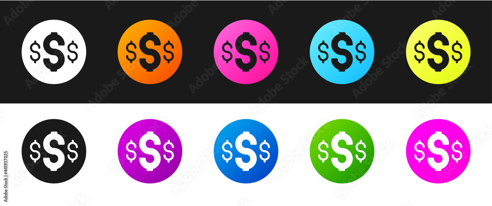 Sticker Set Dollar symbol icon isolated on black and white background. Cash and money, wealth, payment symbol. Casino gambling. Vector