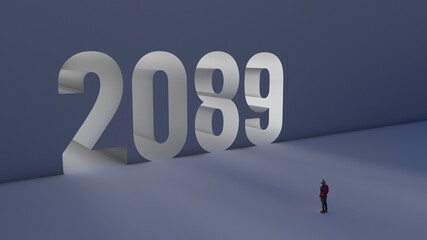 3D illustration of number 2089 with a man walking towards it