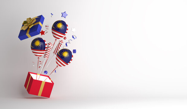 Malaysia independence day decoration background with balloon gift box, firework rocket, confetti, copy space text, 3D rendering illustration
