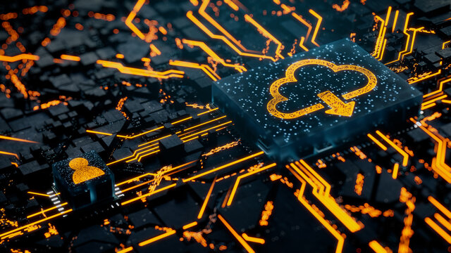 Data storage Technology Concept with cloud download symbol on a Microchip. Orange Neon Data flows between the CPU and the User across a Futuristic Motherboard. 3D render.