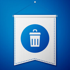 Blue Trash can icon isolated on blue background. Garbage bin sign. Recycle basket icon. Office trash icon. White pennant template. Vector