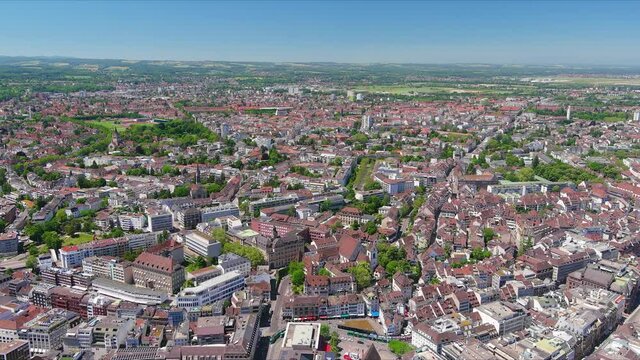 Basel: Aerial view of city in Switzerland at border with France and Germany, city outskirts with modern residential buildings, clear blue sky - landscape panorama of Europe from above
