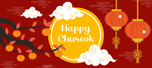 Fototapeta na wymiar Happy Chuseok, Mid autumn festival card, poster template for your design. Persimmons Tree Branch, Korean Thanksgiving and Harvest Festival. Vector illustration
