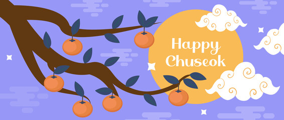 Happy Chuseok, Mid autumn festival card, poster template for your design. Persimmons Tree Branch, Korean Thanksgiving and Harvest Festival. Vector illustration