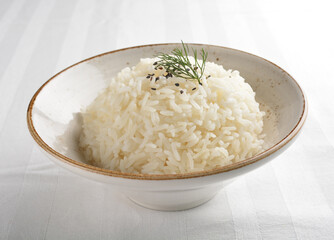 steamed fragrant white jasmine rice in Japanese ceramic bowl asian halal menu