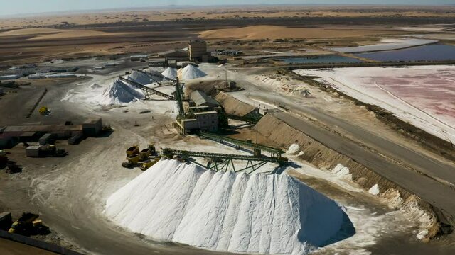 Aerial zoom out view of a sea salt producing factory in Walvis Bay, Namibia