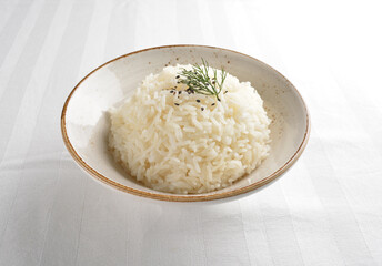 steamed fragrant white jasmine rice in Japanese ceramic bowl asian halal menu