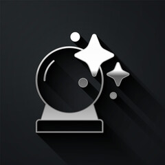 Silver Magic ball icon isolated on black background. Crystal ball. Long shadow style. Vector
