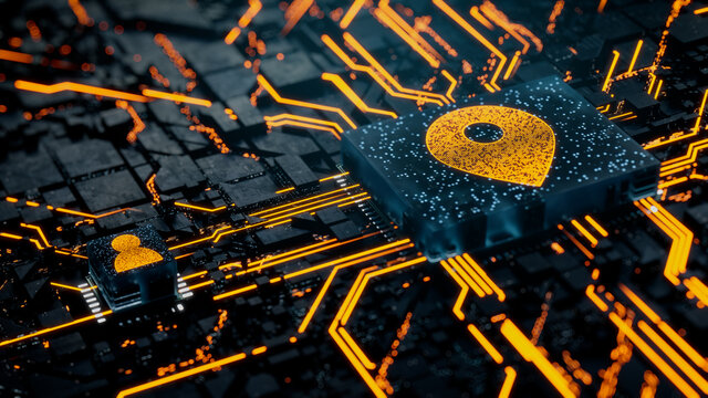 Location Technology Concept with map pin symbol on a Microchip. Orange Neon Data flows between the CPU and the User across a Futuristic Motherboard. 3D render.