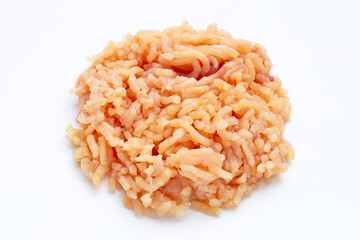 Minced meat of chicken fillet on white background.