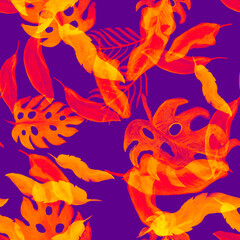 Monstera Pattern Illustration. Pink Seamless Background. Nature Plant. Purple Watercolor Plant. Tropical Textile. Floral Texture. Summer Leaves.Isolated Texture.