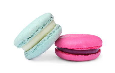 Different delicious colorful macarons on white background