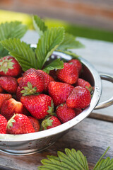 Fresh ripe strawberries on a wooden countertop. Eco-products.
