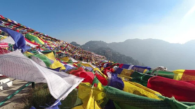 Buddhist Peace Flags Flying On A Hill Top In Dalai Hills Mussoorie India