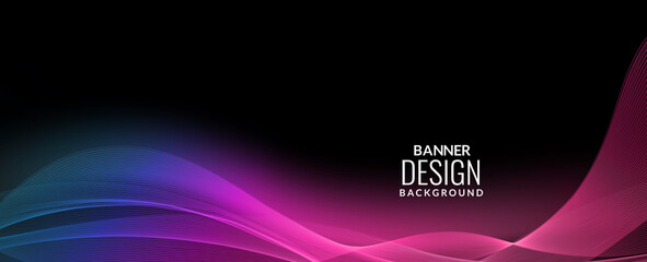 Dark abstract background with flowing colorful wave banner background pattern