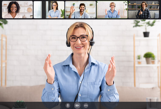 Smiling men and women making online video chat, screen view