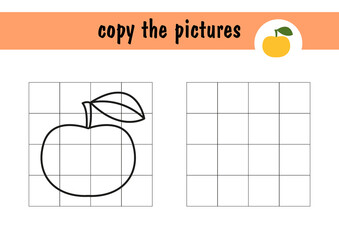 For a children s mini-game, draw an apple on paper. Copy the picture of the fruit using grid lines, a simple toddler game with an easy level of play, drawing for kids