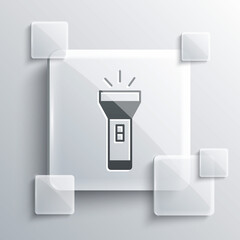Grey Flashlight icon isolated on grey background. Square glass panels. Vector