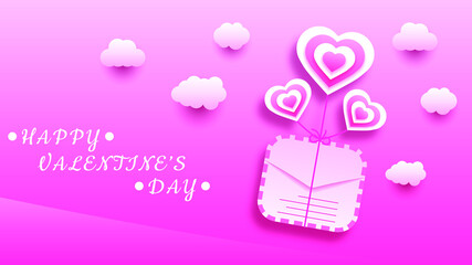 14 February Happy Valentine's Day Greeting Hearts Clouds Envelope Background. Romantic Love Vector Design Banner Party Invitation Template