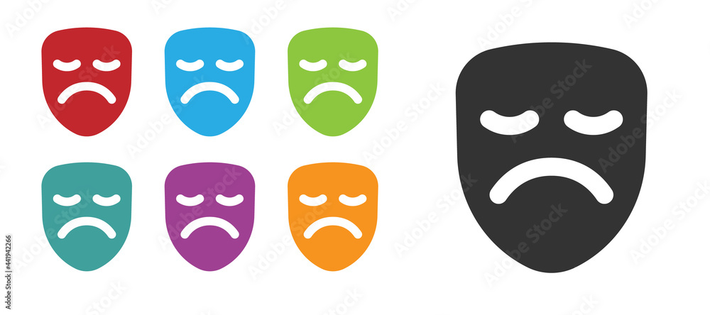 Sticker Black Drama theatrical mask icon isolated on white background. Set icons colorful. Vector