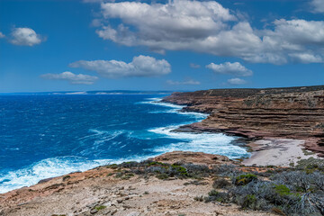 Beautiful sandy beach at Pot Alley in Kalbarri National Park in Western Australia viewed from Eagle Gorge Lookout
