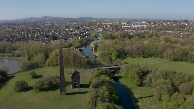 Aerial view of Dudley in the West Midlands with canals and houses