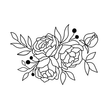 Flower bouquet with flowers and leaves in outline style. Vector peonies. Elegant bouquet isolated on white background