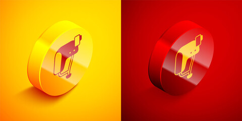 Isometric Skateboard helmet icon isolated on orange and red background. Extreme sport. Sport equipment. Circle button. Vector