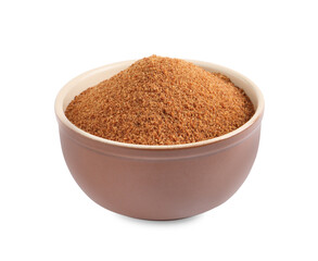 Natural coconut sugar in bowl isolated on white