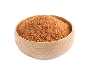 Natural coconut sugar in bowl isolated on white