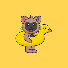 Cute cat With Duck buoy. Animal cartoon concept isolated. Can used for t-shirt, greeting card, invitation card or mascot. Flat Cartoon Style