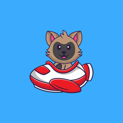 Cute cat flying on a plane. Animal cartoon concept isolated. Can used for t-shirt, greeting card, invitation card or mascot. Flat Cartoon Style