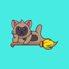 Cute cat lying on Magic Broom. Animal cartoon concept isolated. Can used for t-shirt, greeting card, invitation card or mascot. Flat Cartoon Style