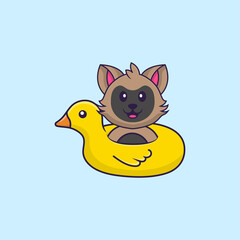 Cute cat With Duck buoy. Animal cartoon concept isolated. Can used for t-shirt, greeting card, invitation card or mascot. Flat Cartoon Style
