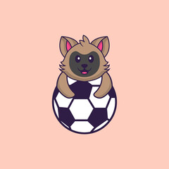 Cute cat playing soccer. Animal cartoon concept isolated. Can used for t-shirt, greeting card, invitation card or mascot. Flat Cartoon Style