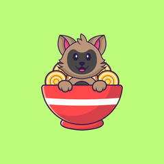 Cute cat eating ramen noodles. Animal cartoon concept isolated. Can used for t-shirt, greeting card, invitation card or mascot. Flat Cartoon Style