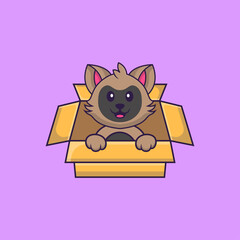 Cute cat Playing In Box. Animal cartoon concept isolated. Can used for t-shirt, greeting card, invitation card or mascot. Flat Cartoon Style