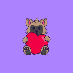 Cute cat holding a big red heart. Animal cartoon concept isolated. Can used for t-shirt, greeting card, invitation card or mascot. Flat Cartoon Style