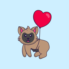 Cute cat flying with love shaped balloons. Animal cartoon concept isolated. Can used for t-shirt, greeting card, invitation card or mascot. Flat Cartoon Style