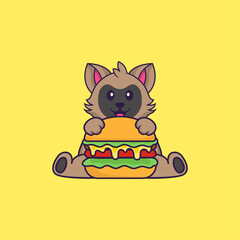 Cute cat eating burger. Animal cartoon concept isolated. Can used for t-shirt, greeting card, invitation card or mascot. Flat Cartoon Style