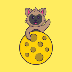 Cute cat is on the moon. Animal cartoon concept isolated. Can used for t-shirt, greeting card, invitation card or mascot. Flat Cartoon Style