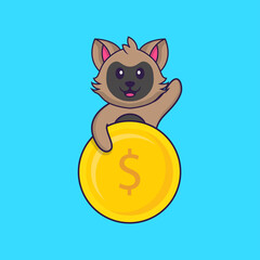 Cute cat holding coin. Animal cartoon concept isolated. Can used for t-shirt, greeting card, invitation card or mascot. Flat Cartoon Style