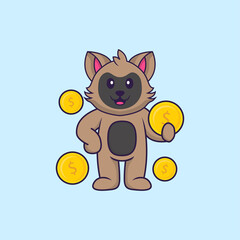 Cute cat holding coin. Animal cartoon concept isolated. Can used for t-shirt, greeting card, invitation card or mascot. Flat Cartoon Style