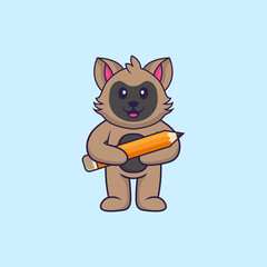 Cute cat holding a pencil. Animal cartoon concept isolated. Can used for t-shirt, greeting card, invitation card or mascot. Flat Cartoon Style