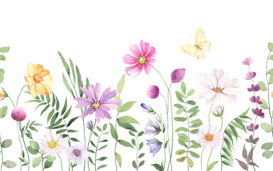 Fototapety  Wildflowers, green wild plants and flying butterfly, floral seamless pattern with colorful flowers, watercolor horizontal border isolated on white background, hand painting illustration summer meadow 