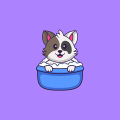 Cute cat taking a bath in the bathtub. Animal cartoon concept isolated. Can used for t-shirt, greeting card, invitation card or mascot. Flat Cartoon Style