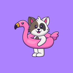 Cute cat With flamingo buoy. Animal cartoon concept isolated. Can used for t-shirt, greeting card, invitation card or mascot. Flat Cartoon Style
