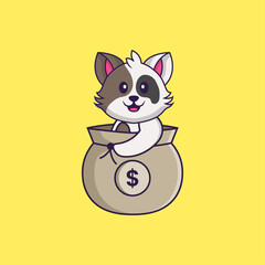 Cute cat in a money bag. Animal cartoon concept isolated. Can used for t-shirt, greeting card, invitation card or mascot. Flat Cartoon Style