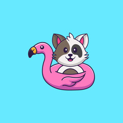 Cute cat With flamingo buoy. Animal cartoon concept isolated. Can used for t-shirt, greeting card, invitation card or mascot. Flat Cartoon Style
